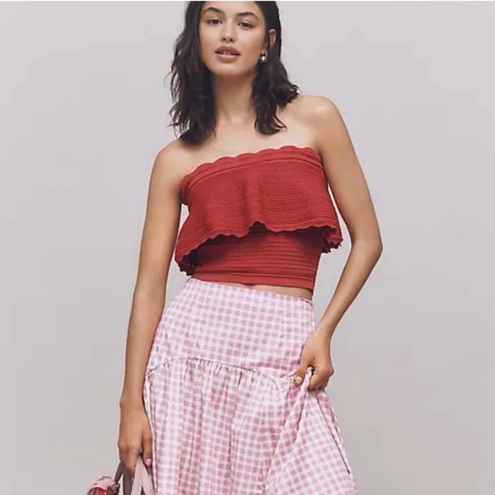 By Anthropologie Red Stretchy Knit Ruffle Tube Top
